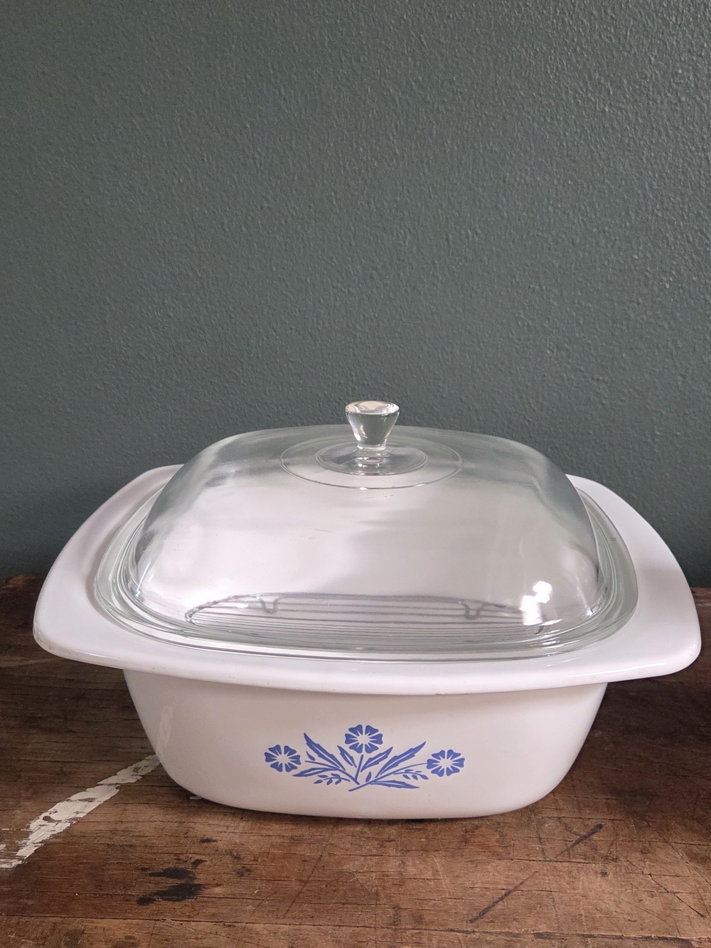 CorningWare White Casserole Dish with Blue Floral Pattern and Glass Lid